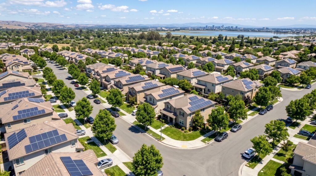 Neighborhood of homes with rooftop solar from above