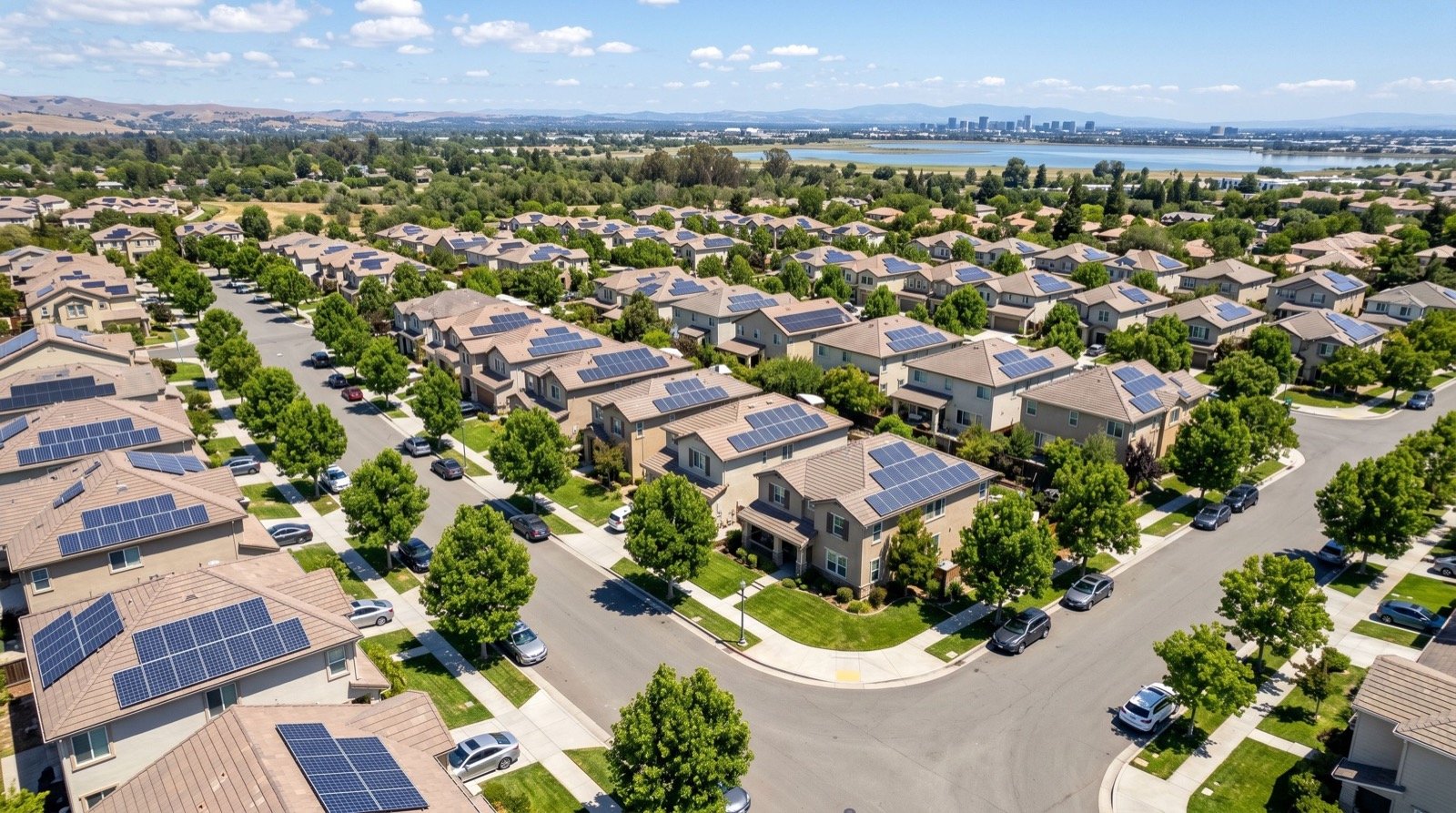 Neighborhood of homes with rooftop solar from above